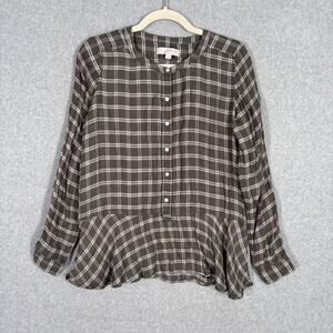 LOFT Blouse Small Brown Plaid Ruffle Peplum Preppy Academia Twee Old‎ Money